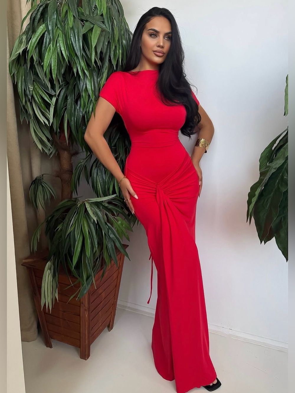 Bright Red Ruched Bodycon Maxi Dress | Size Small